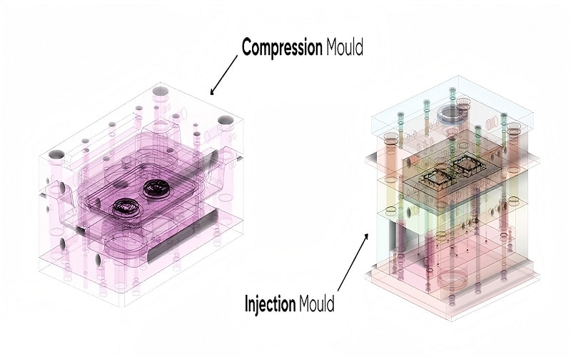 different mold designs used in injection and compression molding