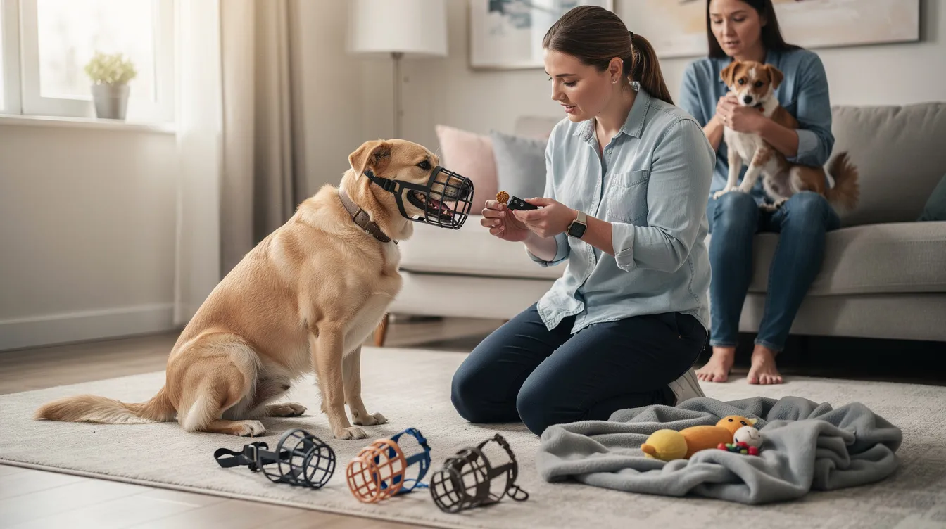 The image depicts a professional dog trainer demonstrating how to muzzle train a dog using a basket muzzle. The trainer is calmly guiding the dog to put its nose inside the muzzle while offering treats like string cheese and hot dogs, creating a positive association with wearing the muzzle during training sessions.