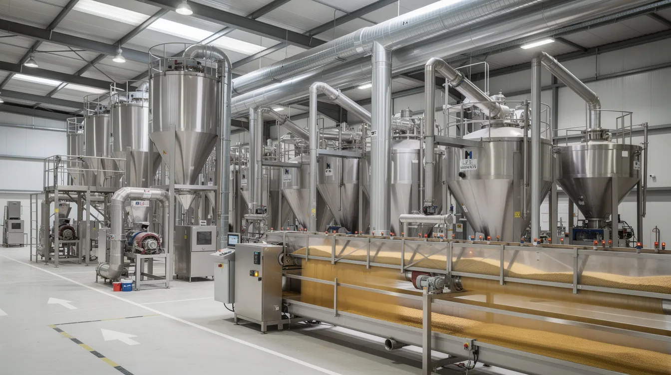 The image depicts the interior of a modern flour milling facility, showcasing stainless steel machinery and advanced conveyor systems that efficiently process wheat grains into flour. This state-of-the-art wheat flour processing plant emphasizes the manufacturing process, highlighting the machinery and technology requirements essential for flour production.