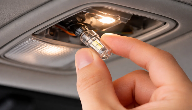 hand inserting T10 bulb into dome light