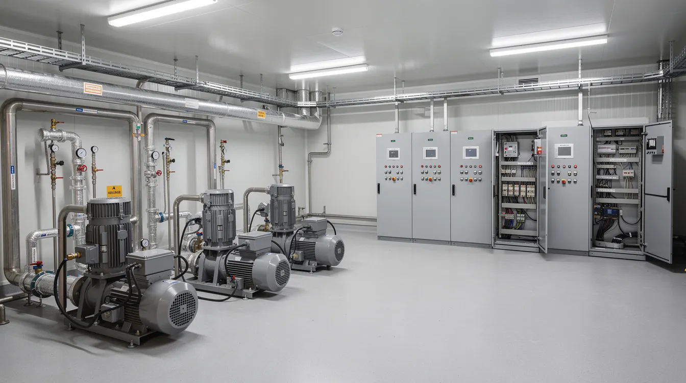 f301f68a 5832 4c01 821f 00e0da66a38f The image depicts an industrial utility room within a dairy processing plant, featuring various compressors, pipes, and electrical panels essential for plant operations. This utility infrastructure is crucial for maintaining efficient milk processing and ensuring regulatory compliance in food safety.