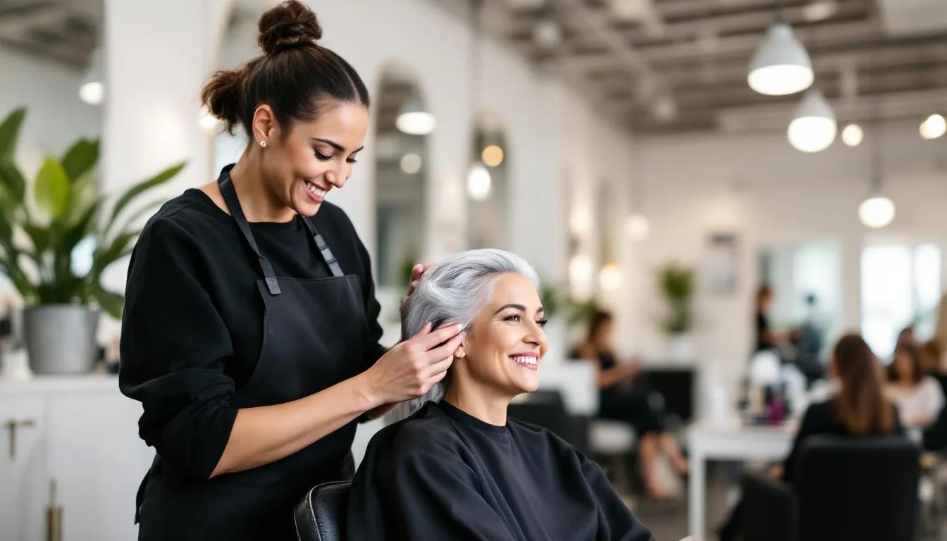 Una clienta satisfecha recibe atención personalizada en un salón de belleza, donde un estilista le ofrece un servicio adaptado a sus necesidades. La imagen refleja la experiencia positiva en un centro de estética, destacando la importancia de la atención al cliente en el sector de los salones.
