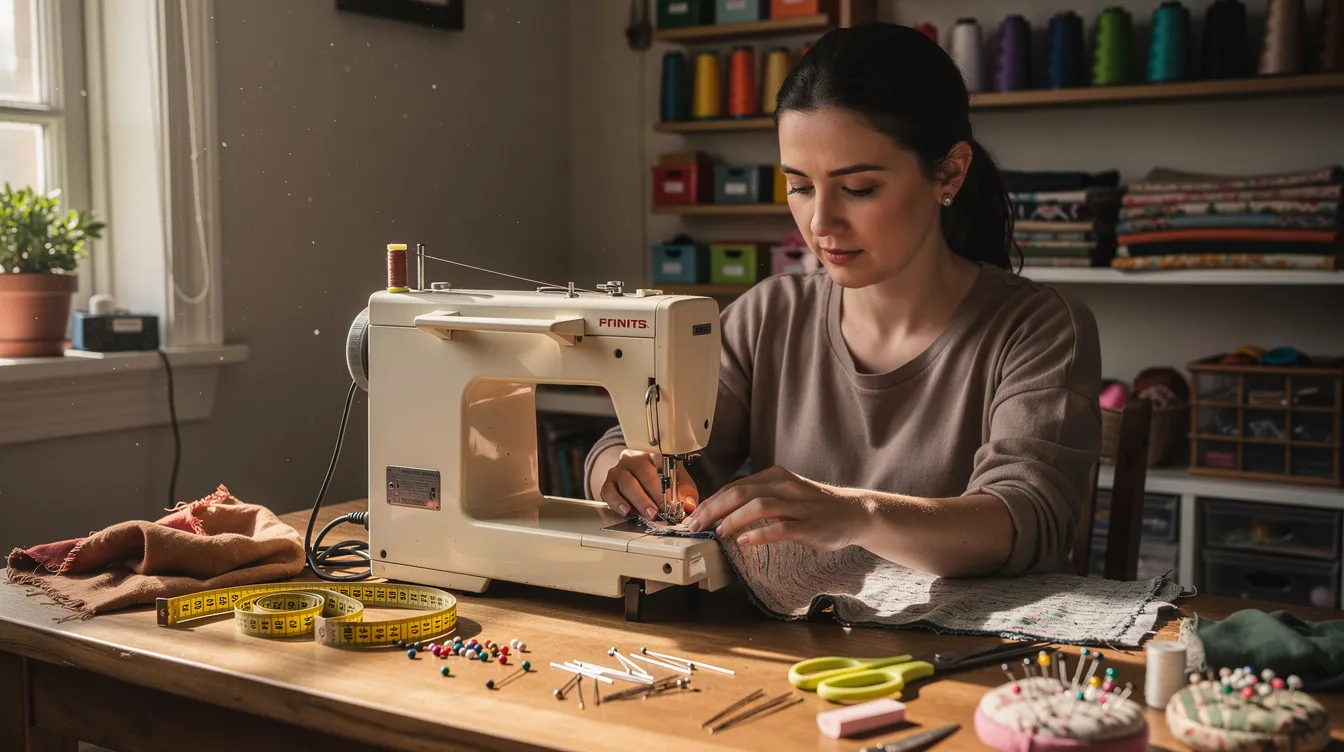 f302a1e7 e7e8 4123 bf8a 9d6823d300ba A woman is seated at a sewing machine in a cozy home workshop, focused on her craft. The setting reflects the entrepreneurial spirit, showcasing her as a beneficiary micro unit entrepreneur engaged in micro enterprises, potentially supported by financial assistance from schemes like the Pradhan Mantri Mudra Yojana.