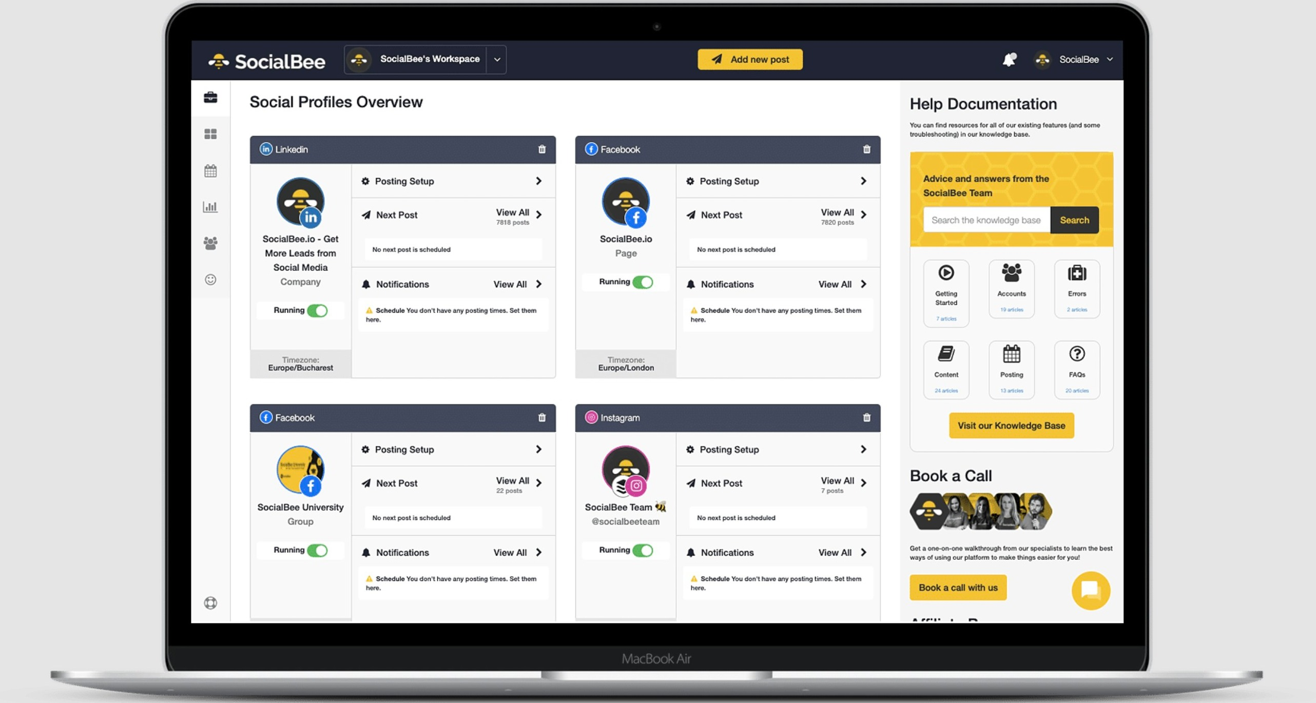 Socialbee review: Screen showing the social media management dashboard