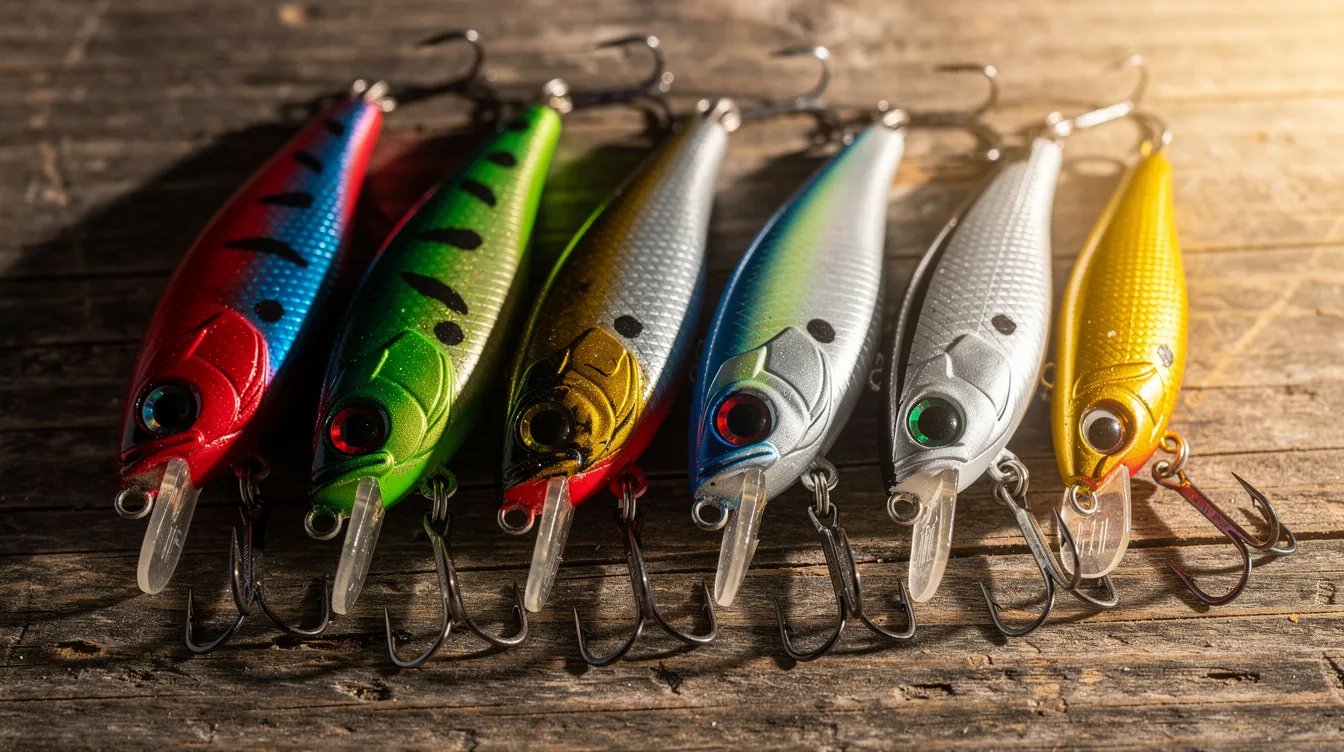 This image features a close-up view of vibrant Japanese hard bait fishing lures, meticulously arranged on a wooden surface. The colorful lures, designed for both freshwater and saltwater fishing, showcase various models from popular Japanese brands, appealing to anglers looking for quality tackle to enhance their bass fishing experience.