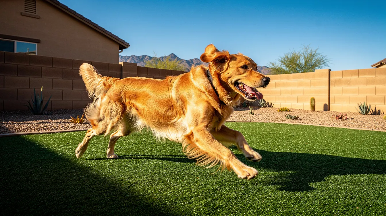 A joyful golden retriever runs across vibrant green artificial turf in a fenced backyard in Arizona, showcasing the durability and low maintenance of synthetic grass. The scene highlights the pet-friendly nature of artificial grass, perfect for high foot traffic areas like a dog run.