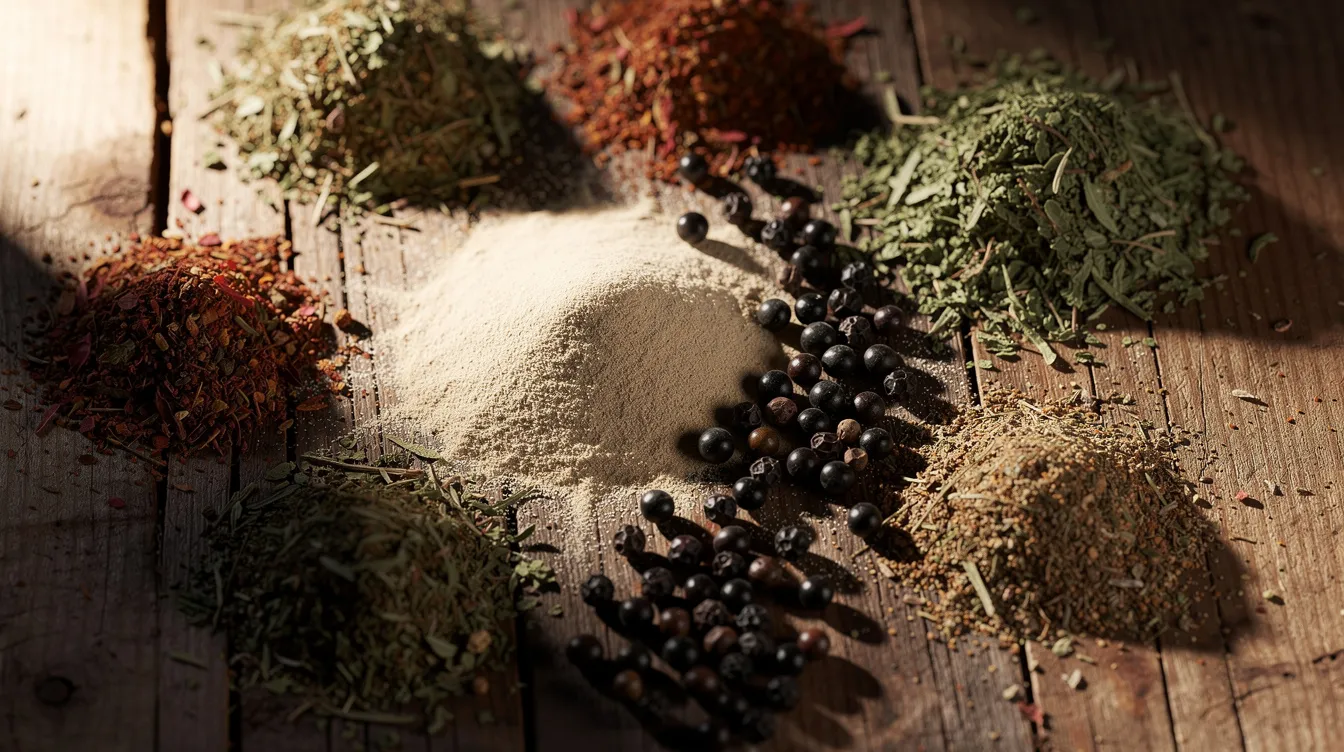 The image showcases a variety of dried herbs, mineral powder, and black peppercorns elegantly arranged on a wooden surface, highlighting natural ingredients that can enhance overall health and support effective dietary supplements for muscle growth and improved energy levels. This visually appealing display emphasizes the importance of using great quality, research-supported ingredients in a healthy diet.