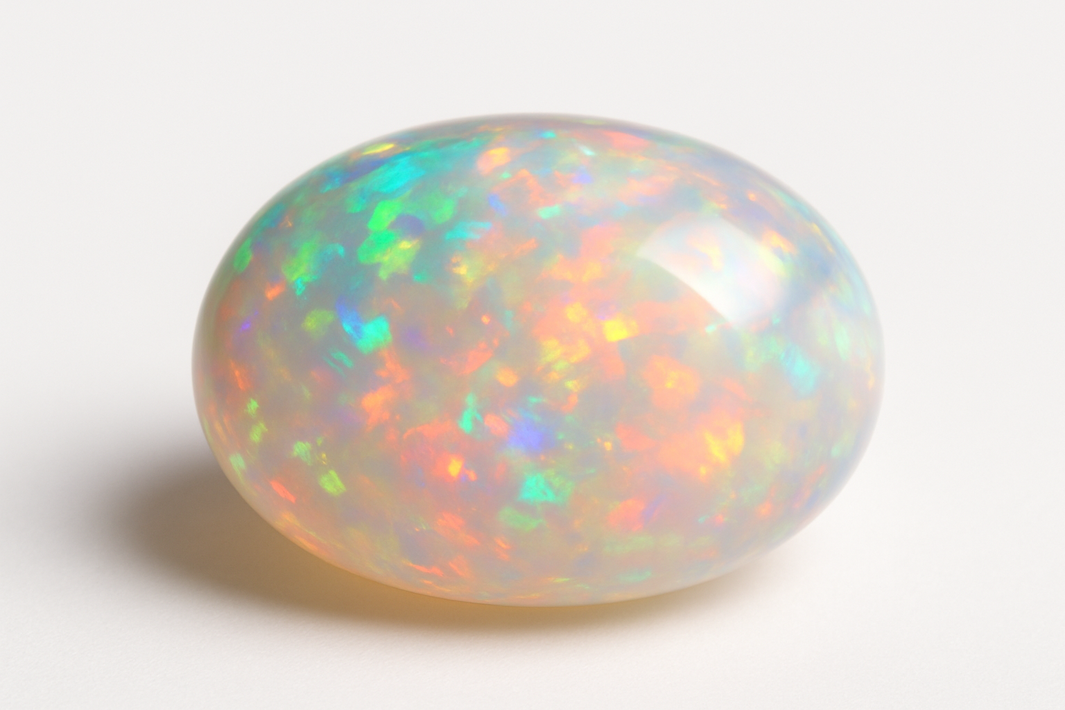 Ovalo formos opalas ant balto fono. Akmuo pasižymi daugiaspalviais šviesos blyksniais – žaliais, mėlynais, raudonais ir oranžiniais atspindžiais, kurie kuria paslaptingą ir žaižaruojantį efektą