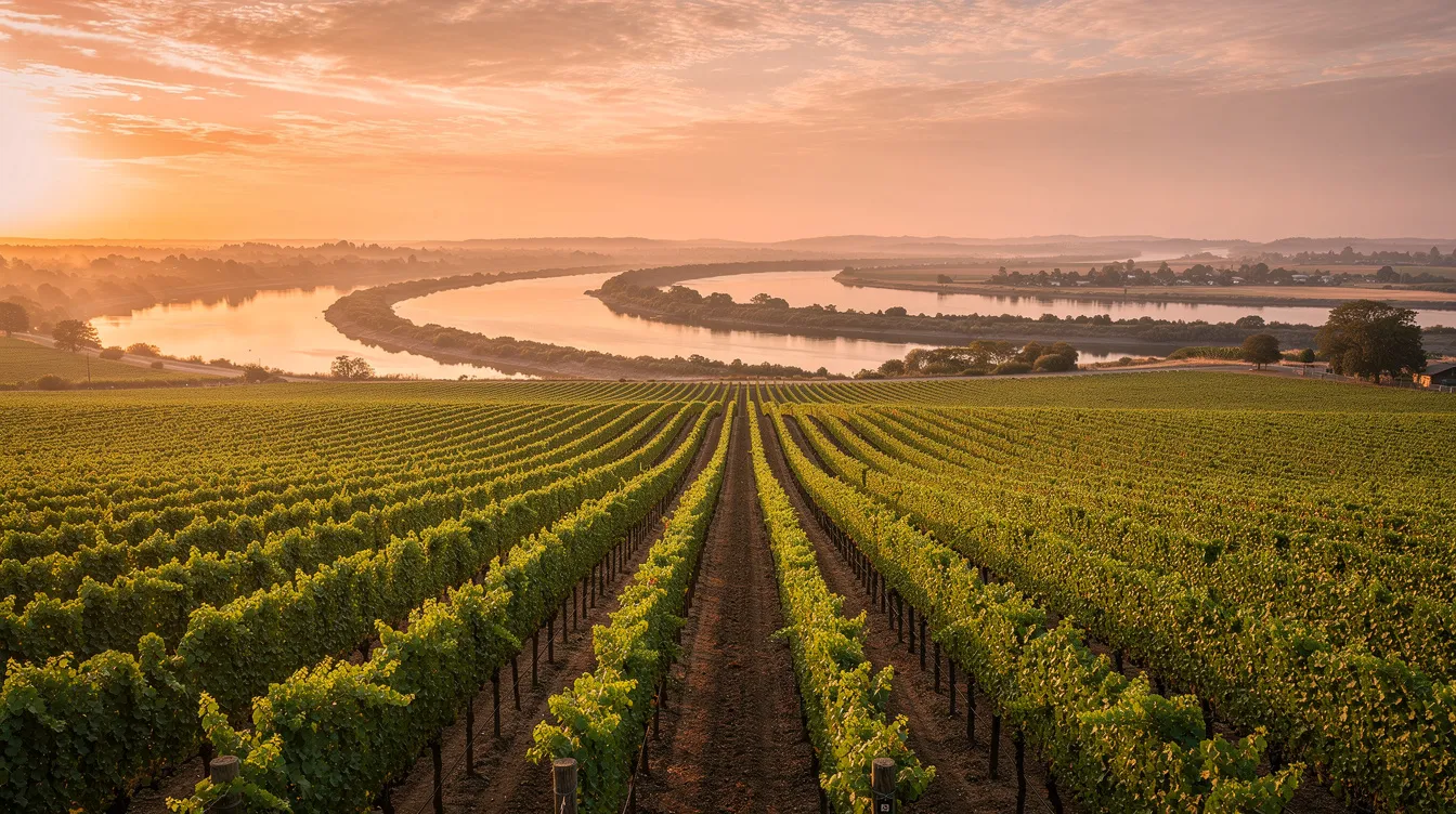 A breathtaking panoramic view captures vineyard rows bathed in warm orange light at sunset, with the Sacramento River Delta visible in the distance, creating an absolutely incredible backdrop for a winery wedding. The rolling hills and scenic views enhance the charm of this perfect day, ideal for intimate celebrations and memorable moments.
