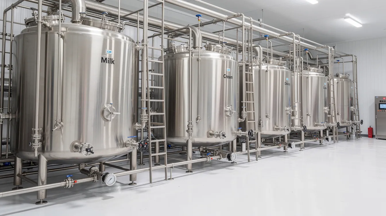The image depicts an industrial dairy processing facility featuring large stainless steel tanks and intricate piping systems, all set within a clean and organized factory environment. This ghee manufacturing plant highlights the essential equipment and layout necessary for efficient milk processing and production of clarified butter.
