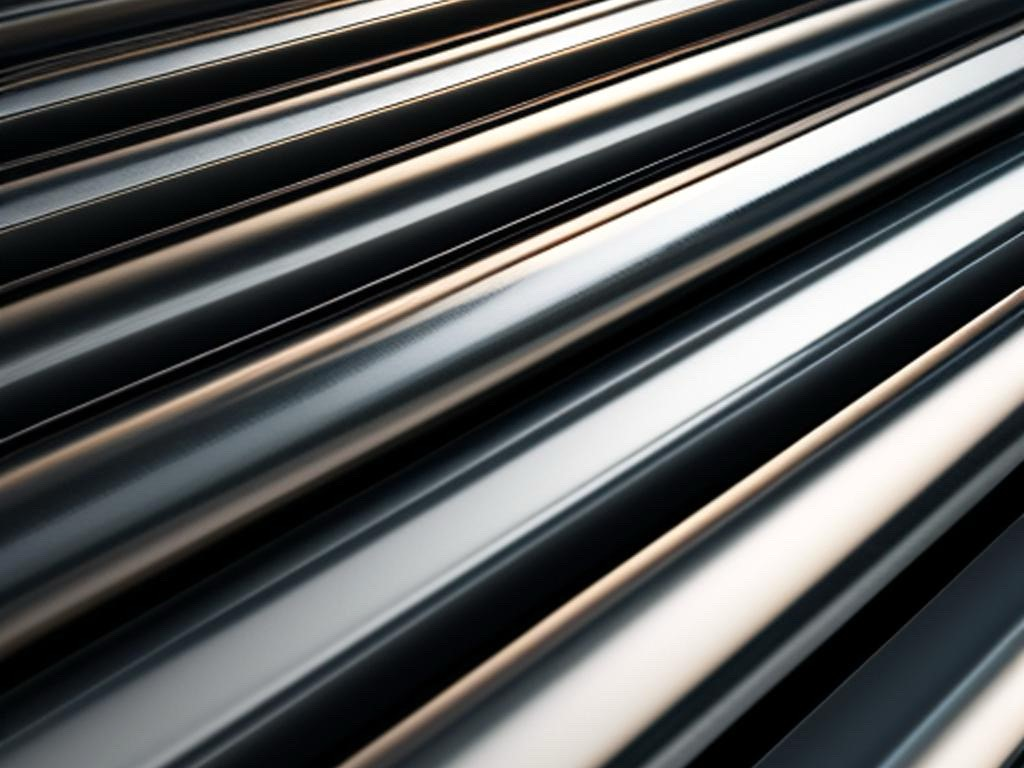 An extreme close-up of smooth and shiny titanium rods stacked on top of each other, illuminated by light coming from the upper right corner.