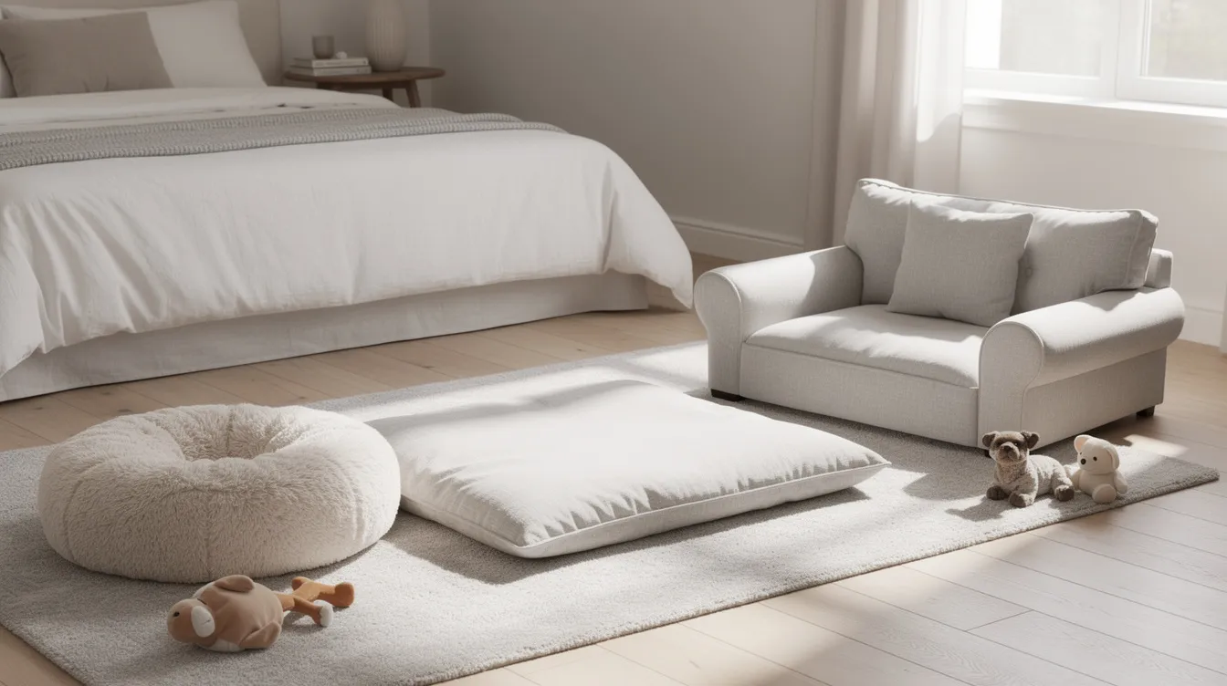 The image depicts a bright bedroom featuring various styles of dog beds, including a plush donut bed, a flat mattress, and a bolstered sofa-style bed, ideal for pet parents seeking the best dog bed for their furry companions. Each bed offers different benefits, such as orthopedic support for senior dogs and calming designs for anxious pups, ensuring a restful sleep for dogs of all sizes.