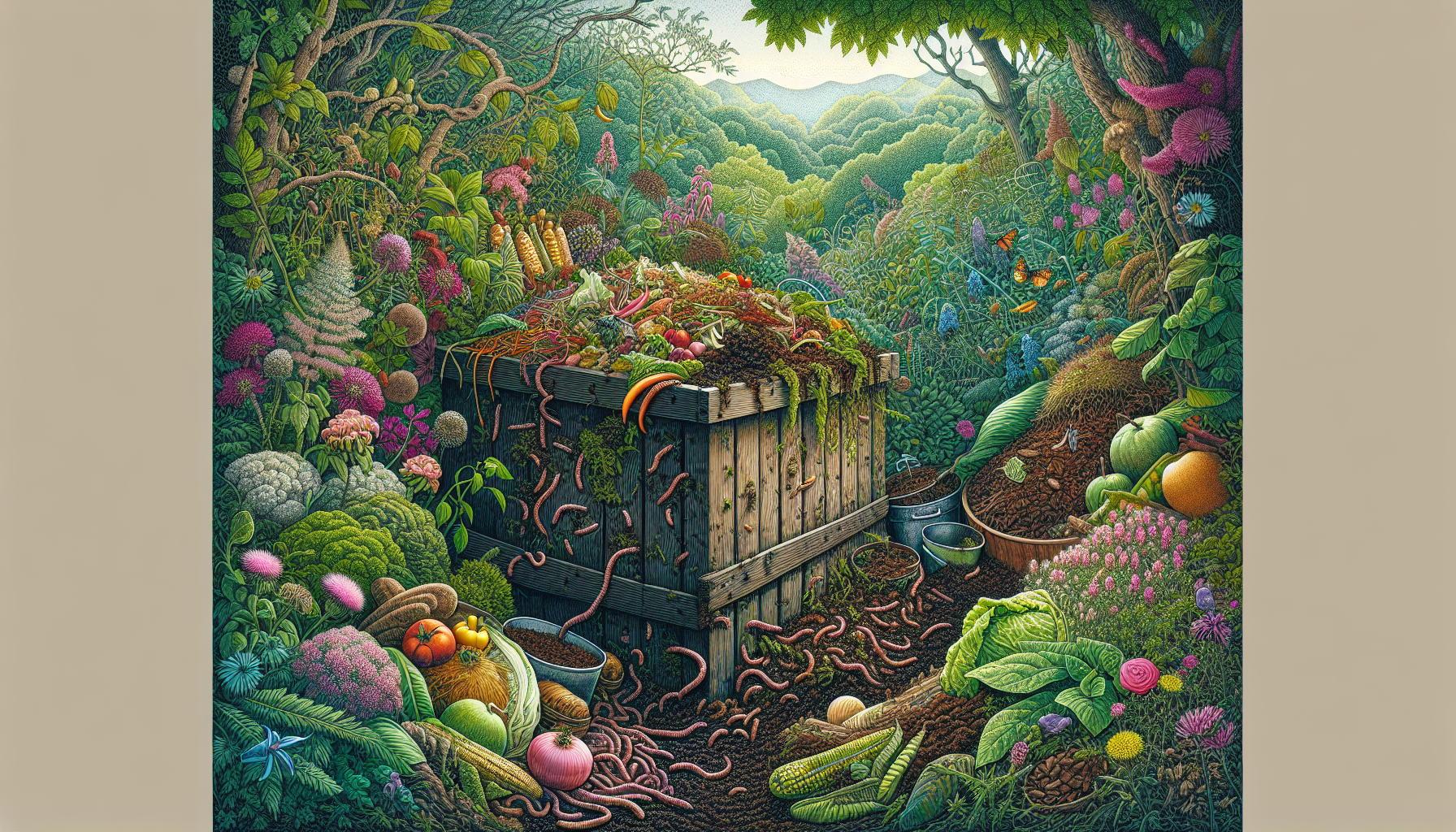 Organic composting bin in a garden
