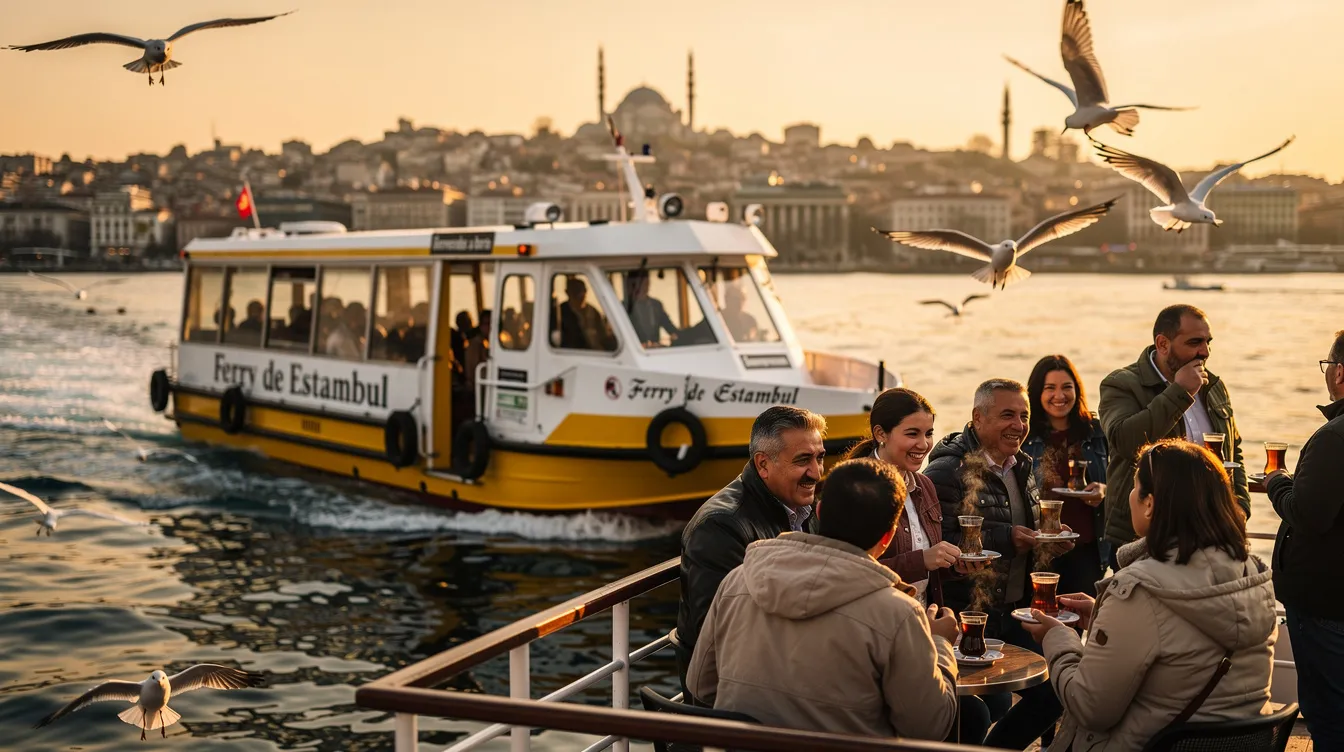 Un ferry público de Estambul navega por el Bósforo, rodeado de gaviotas que vuelan en el aire. Pasajeros disfrutan de té en cubierta, mientras contemplan las vistas de la parte asiática de Estambul, con sus barrios y monumentos.