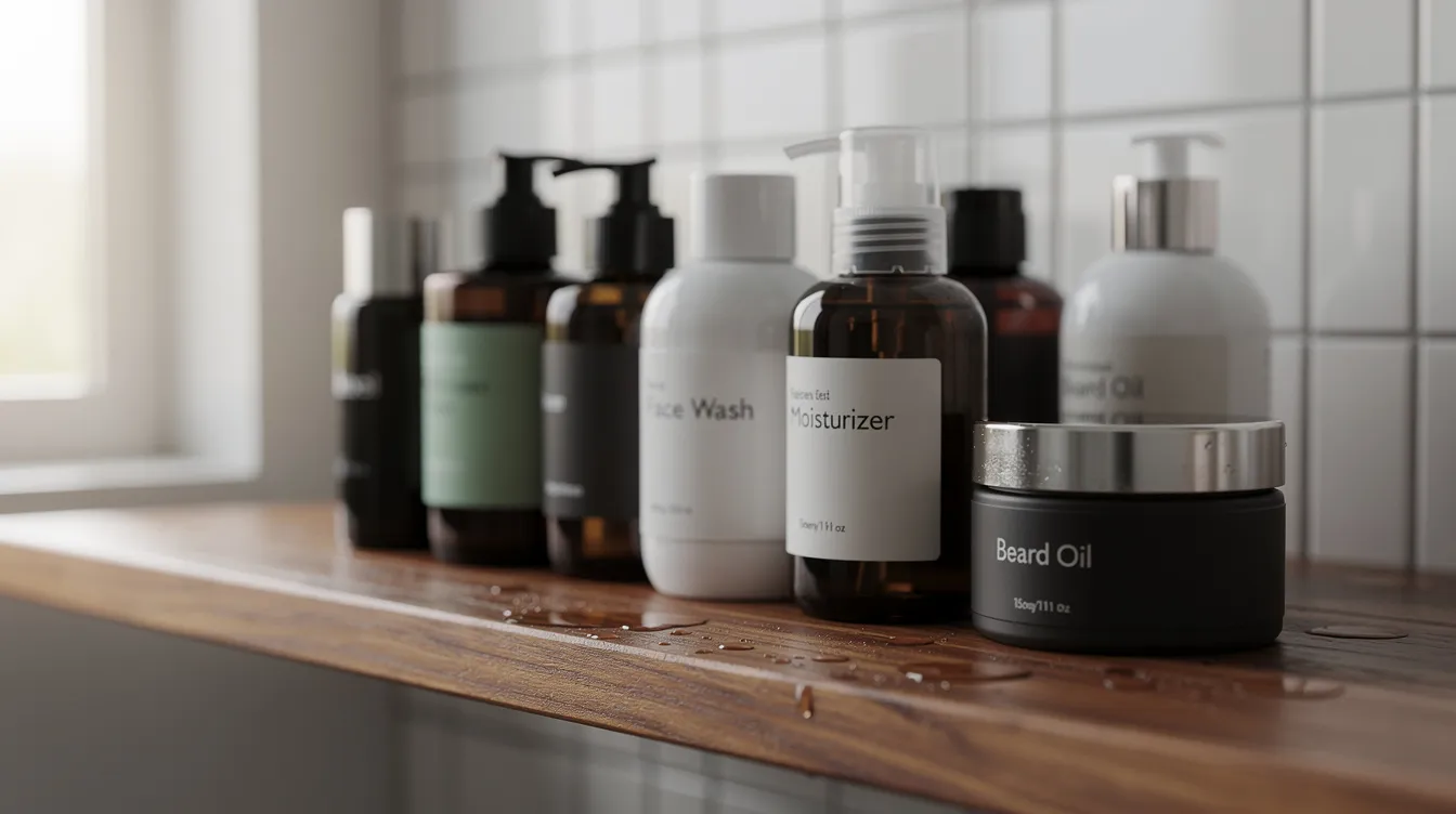Grooming products including aftershave, lotions, and moisturizers displayed on a bathroom shelf