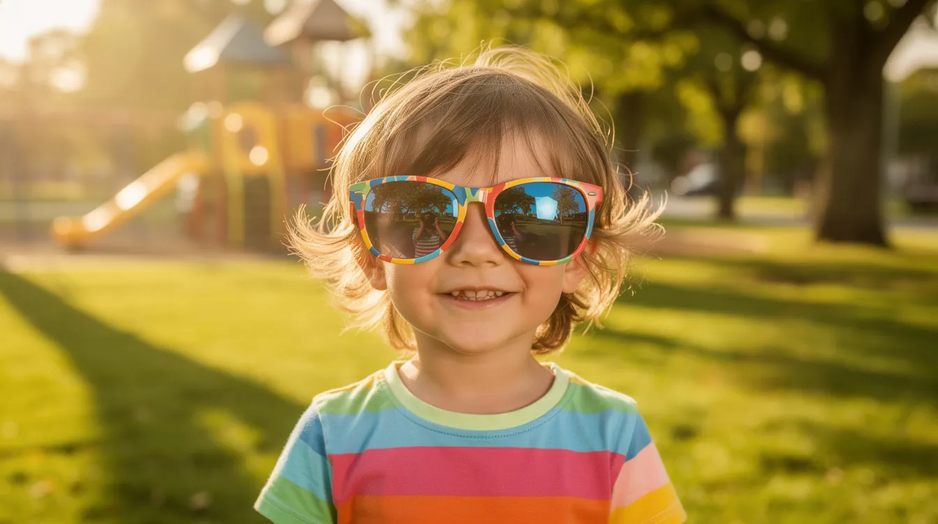 Uma criança sorridente usa óculos de sol coloridos em um parque ensolarado, aproveitando o dia ao ar livre. O acessório traz estilo e proteção para os olhos contra os raios solares.