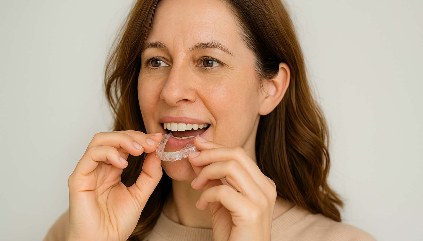 Invisalign – Usynlig tannregulering for voksne og ungdom 4 Kvinne holder en gjennomsiktig tannskinne.
