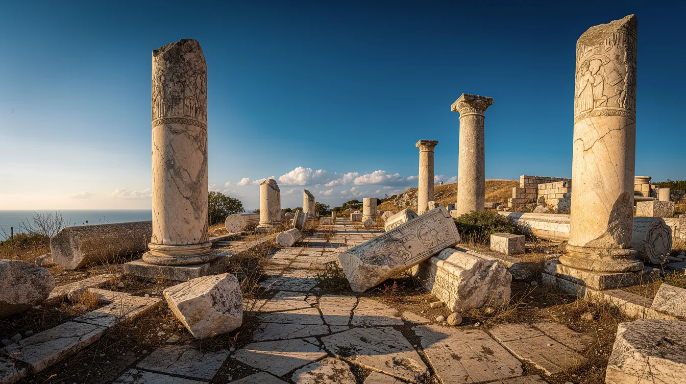 The image depicts ancient stone ruins featuring broken columns set against a vibrant blue Mediterranean sky, reflecting the historical and cultural context of civilizations that once thrived in this area. These remnants evoke a deeper understanding of the cultural values and beliefs that shaped the lives of the people who inhabited this land.