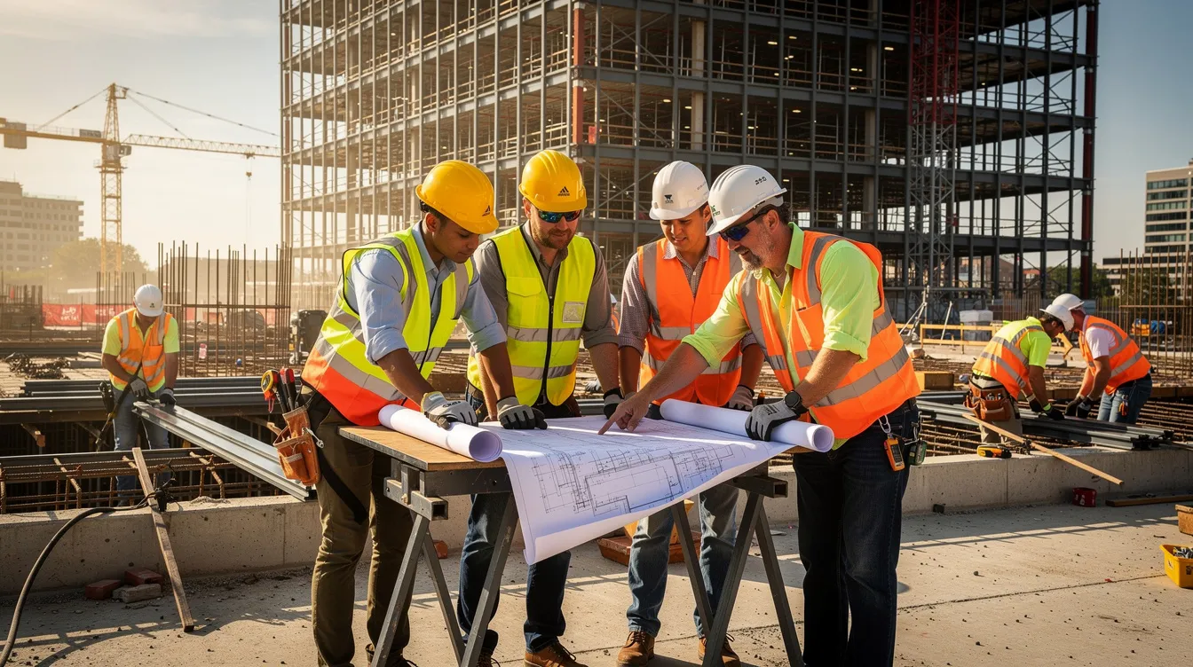 A group of construction apprentices, wearing hard hats, collaborate on a commercial building site, showcasing their commitment to hands-on experience and skills in the construction industry. This apprenticeship program emphasizes teamwork and safety as they work together on various projects in greater Tennessee.