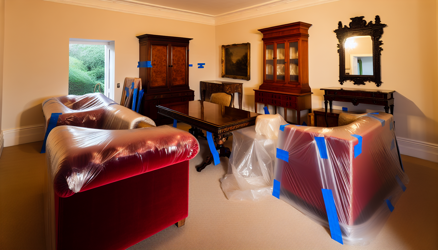 Furniture covered with plastic sheeting to protect from water damage