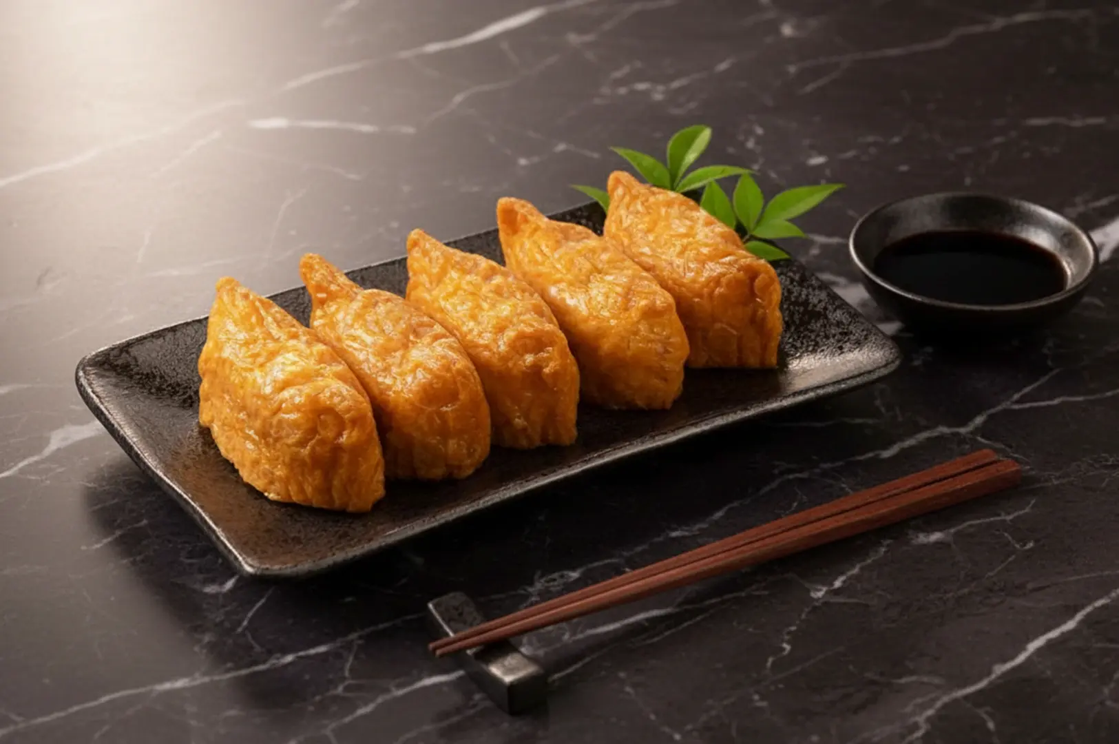 Five golden-brown, rice-stuffed Inari tofu pouches neatly arranged on a black plate with chopsticks.