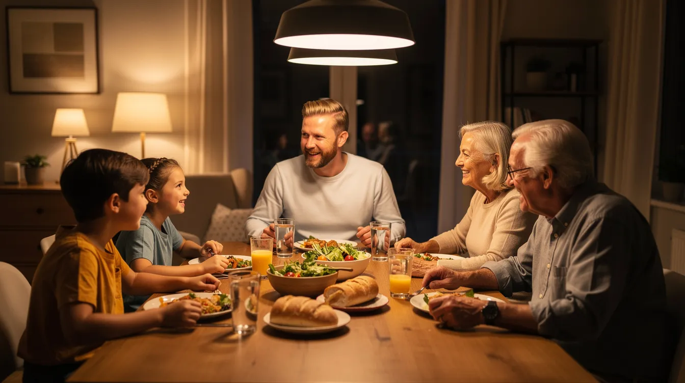 A warm, inviting scene shows a family gathered around a dinner table, enjoying a meal together without any electronic devices in sight. The atmosphere is filled with genuine conversation, highlighting the importance of screen-free times for fostering social interactions and emotional well-being.