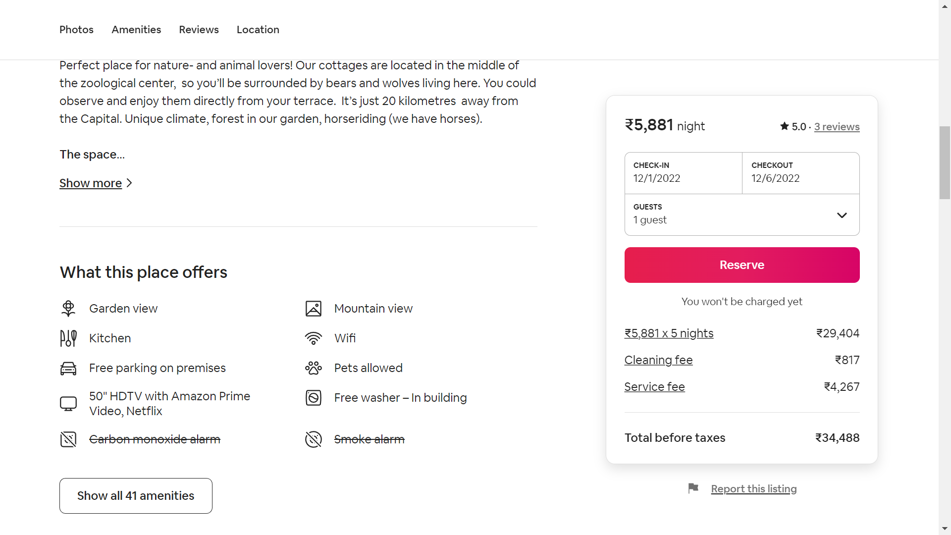 Screenshot of a random Airbnb booking page showcasing amenities listed and price breakdown.