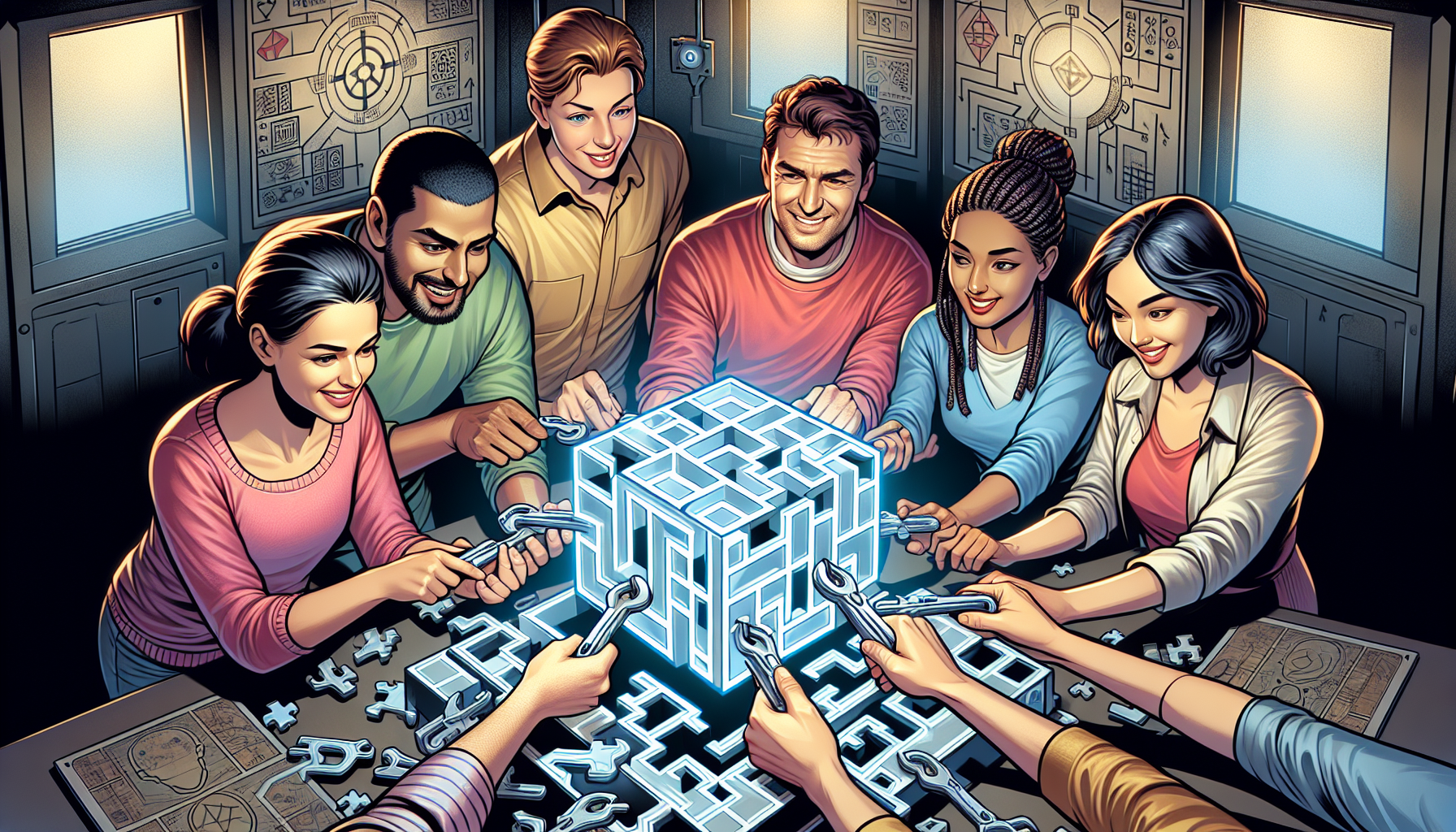 A group of diverse individuals collaborating on a complex puzzle
