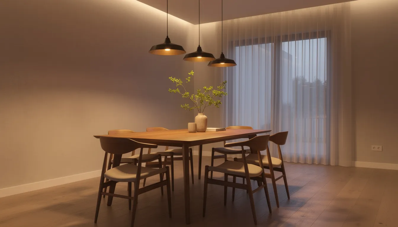 Een moderne eetkamer met een rechthoekige eettafel voor 6 personen, omringd door zes stijlvolle eetkamerstoelen. De warme sfeerverlichting creëert een gezellige sfeer, perfect voor lange diners met vrienden en familie.
