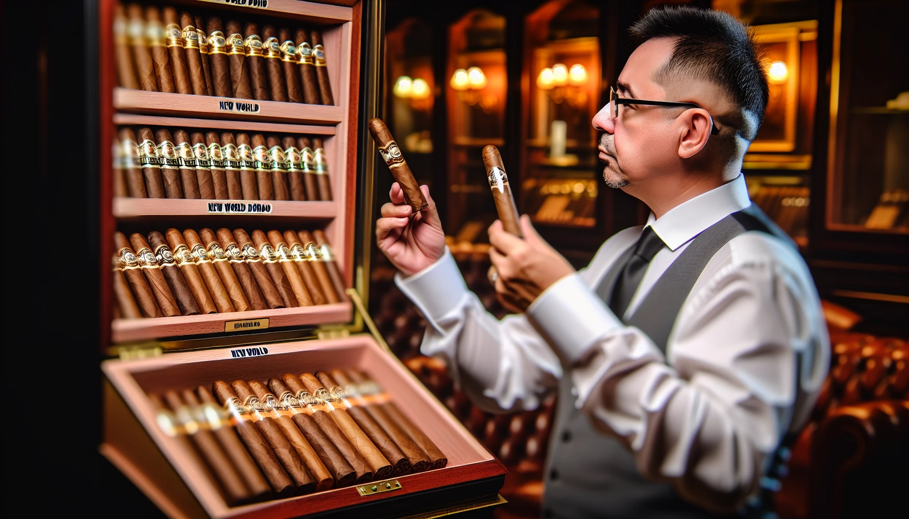 A person carefully selecting a New World Dorado cigar from a humidor