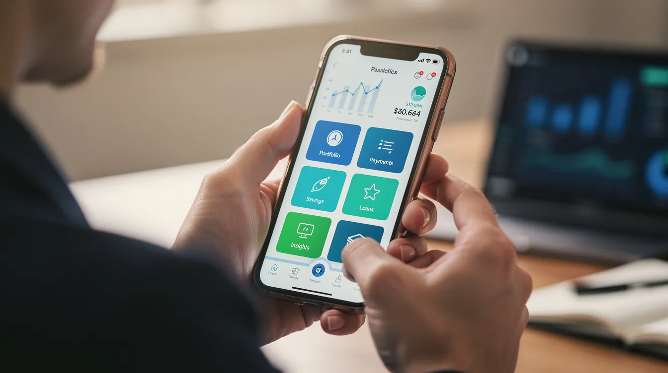 The image depicts a person using a smartphone to access a financial dashboard, showcasing various service icons that represent multiple services such as digital banking, mobile payments, and money transfers. This highlights how financial super apps enable users to manage their transactions and streamline services all in one platform.