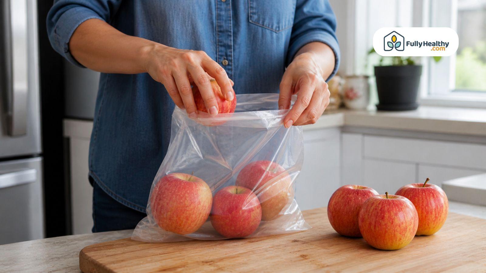 Person placing fresh apples into a plastic bag before storing them in the refrigerator.