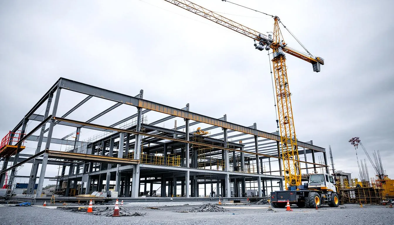 The image depicts a construction site featuring a large crane and a partially built structure, illustrating the ongoing development and investment in infrastructure. This scene reflects the commitment of companies to effective business practices and the importance of maintaining regulatory requirements for worker safety and project efficiency.
