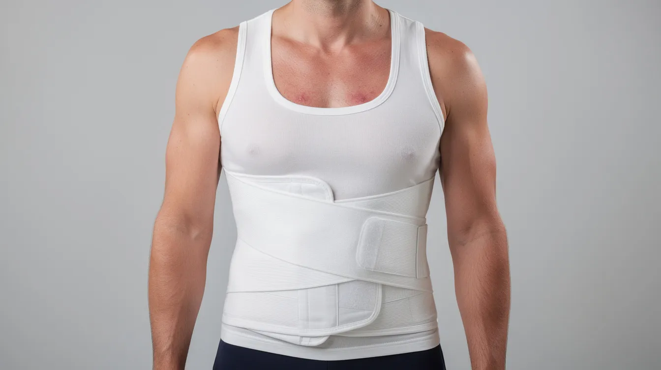 The image shows a man's torso wearing a medical compression vest after undergoing male breast reduction surgery, aimed at addressing issues related to gynecomastia and puffy nipples. The vest is designed to support the chest area during recovery, promoting a flatter and more masculine chest contour.