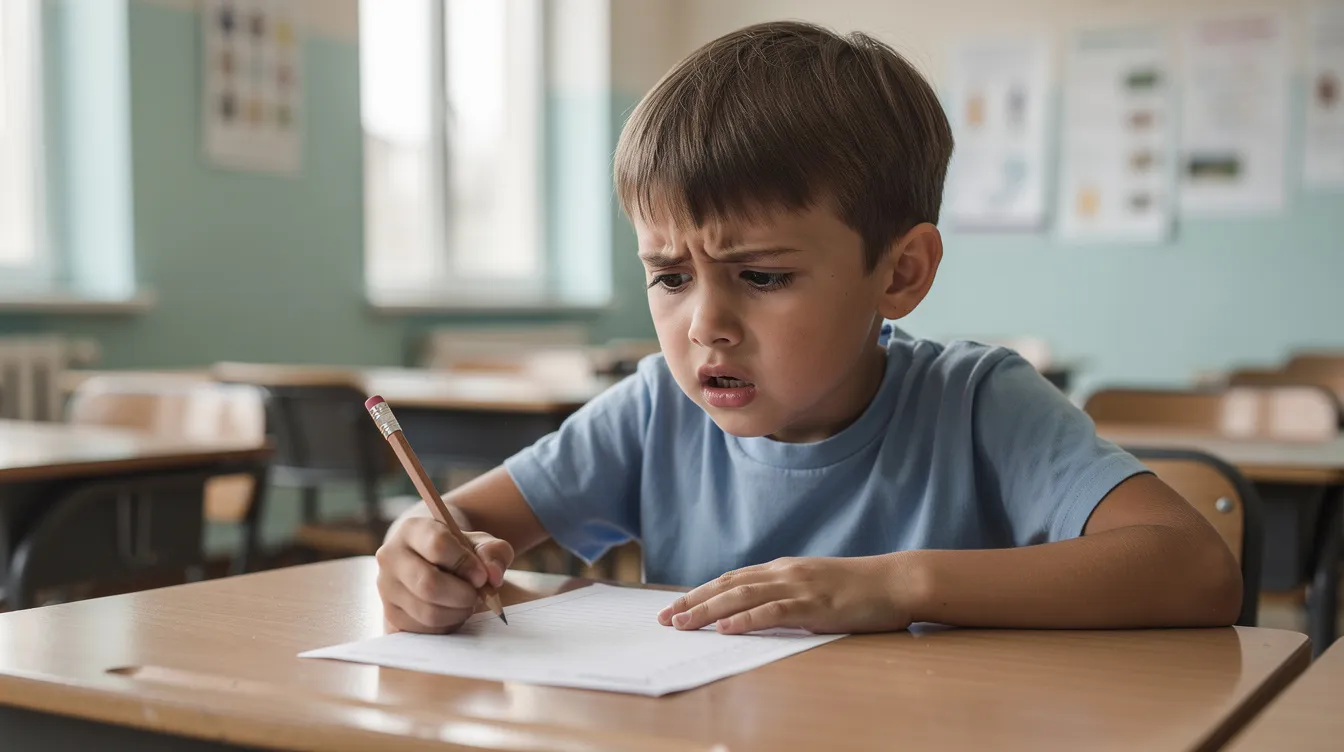 A worried child sits at a school desk, staring down at a blank test paper, embodying the symptoms of anxiety that many children face during stressful situations. This anxious expression highlights the emotional and physical effects of excessive anxiety on learning and memory performance.