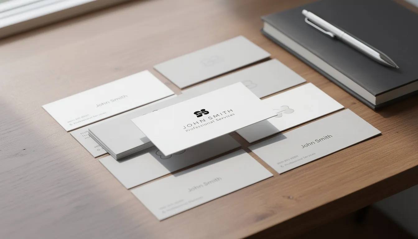 A collection of clean, minimalist business cards designed for professional services is displayed on a wooden desk, showcasing various creative designs and color palettes. The cards feature bold colors and elegant layouts, making a lasting impression for potential clients.