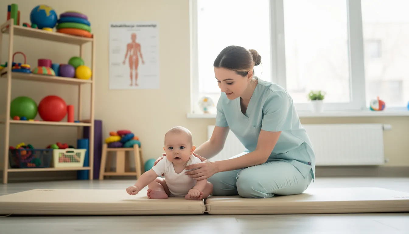 Na zdjęciu widoczny jest fizjoterapeuta dziecięcy, który pracuje z niemowlęciem, pomagając mu w symetrycznym ustawianiu główki. Specjalista zwraca uwagę na kręcz szyi oraz asymetrię ułożeniową, co jest istotne dla prawidłowego rozwoju ruchowego dziecka.