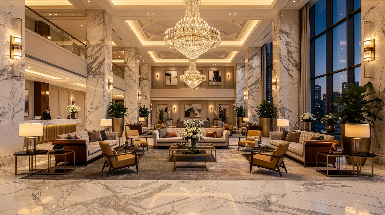 The image depicts a grand luxury hotel lobby featuring elegant marble floors, stylish designer sofas, and warm ambient lighting, creating an inviting atmosphere for guests. This common area showcases high-quality materials and furniture, enhancing the overall guest experience and comfort in the hotel.