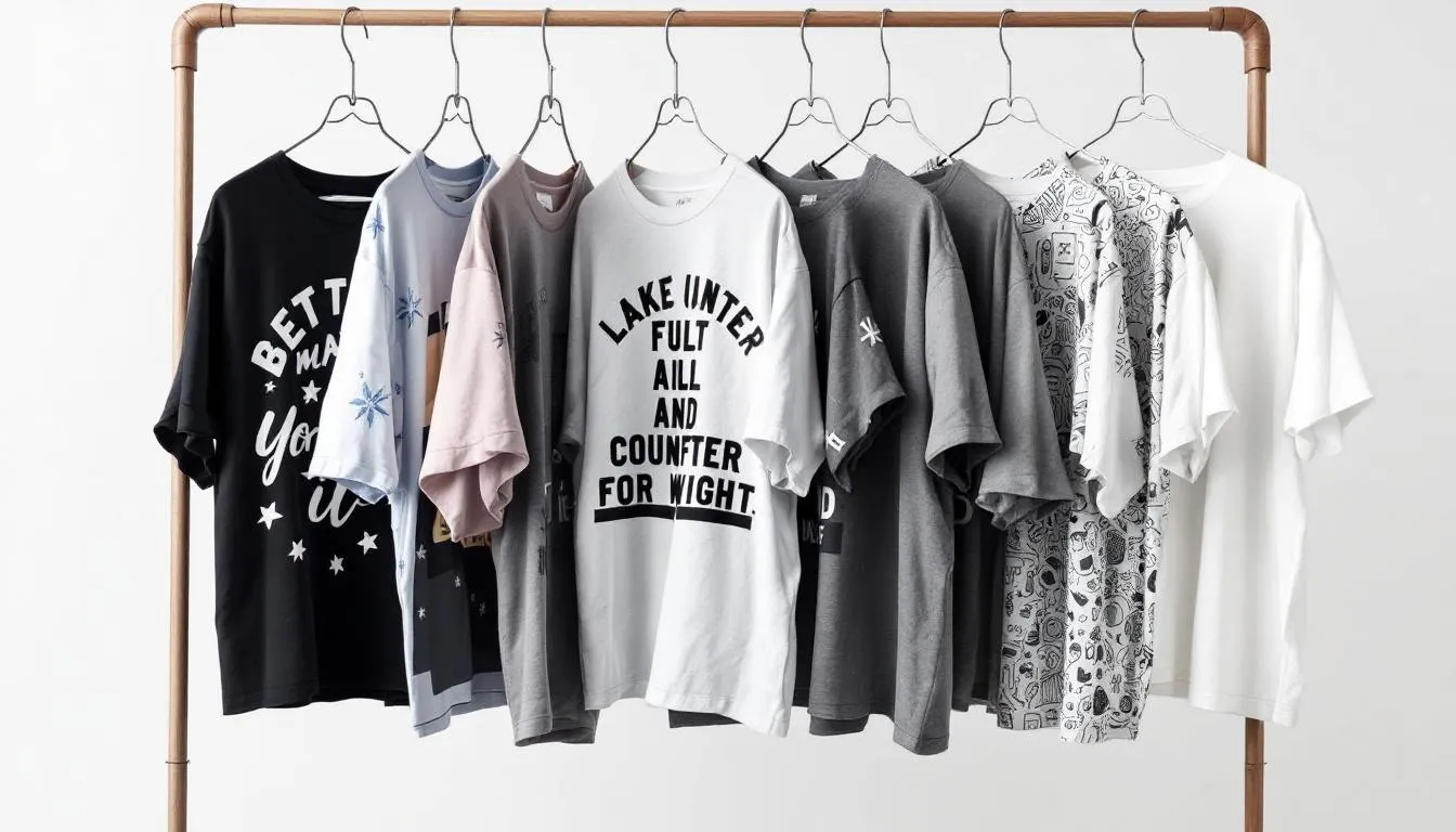 A collection of printed cotton tops displayed on hangers.