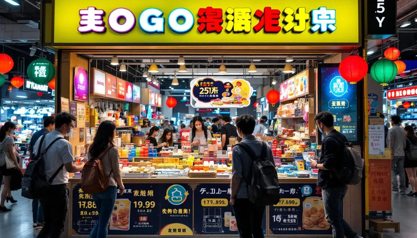 A vibrant physical marketplace showcases a successful Asian brand, bustling with shoppers engaging in online shopping and exploring various product categories. The atmosphere reflects the growing e commerce industry, with signage highlighting competitive pricing and promotions aimed at attracting Chinese consumers and international buyers.