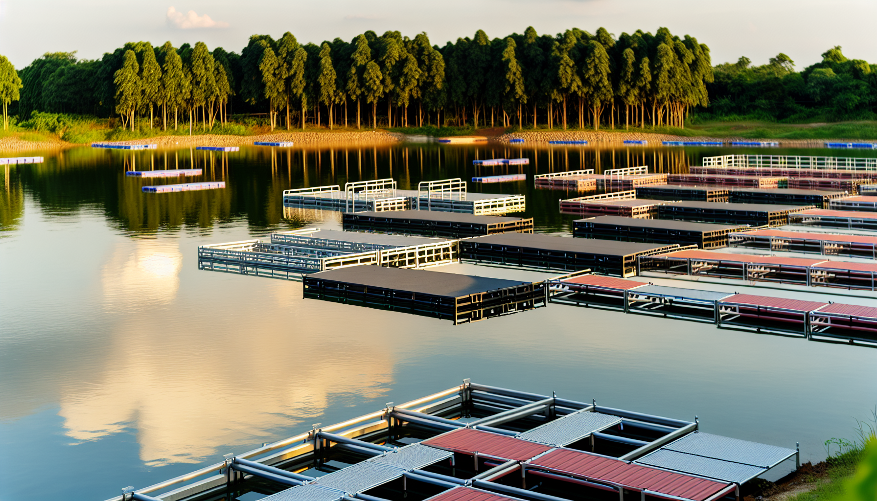 Various types of floating docks on a calm pond