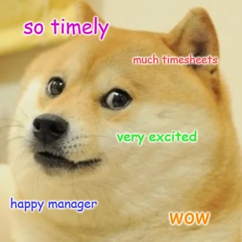 Doge meme celebrating timely timesheet submission. Funny timesheet meme showing manager's excitement when employees fill timesheets before the deadline approaches.