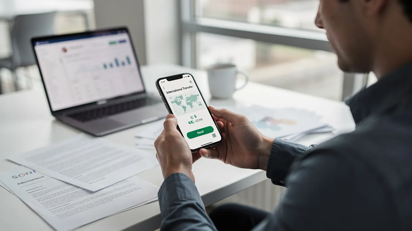 A person is seated at a desk, using a smartphone to send an international money transfer, likely utilizing online banking services. The scene reflects the convenience of banking services, such as those provided by Bank Al Habib, for making efficient transactions and sending money abroad.
