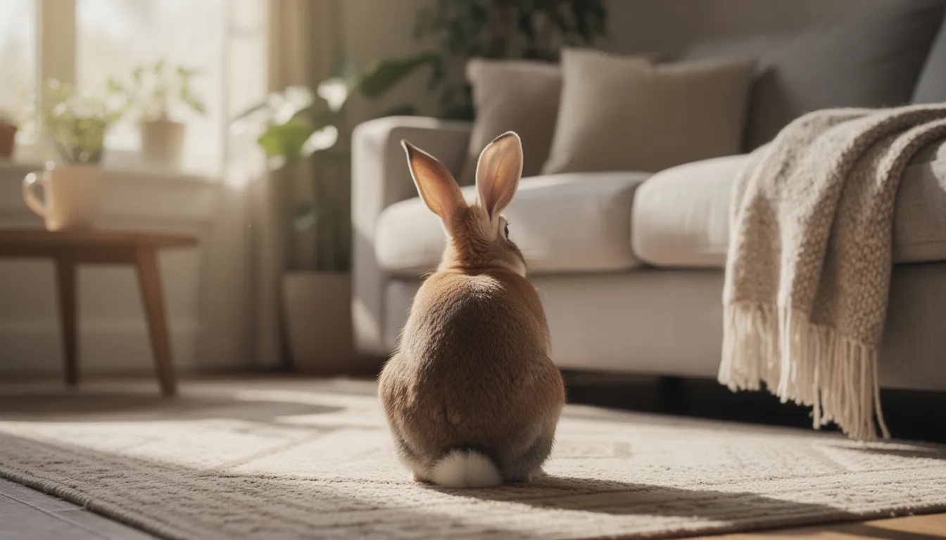 A male rabbit sits with its back turned in a cozy living room, showcasing relaxed body language with its legs tucked and paws pointing forward. The soft natural lighting highlights the bunny's calm demeanor, indicating that it feels safe in its environment.