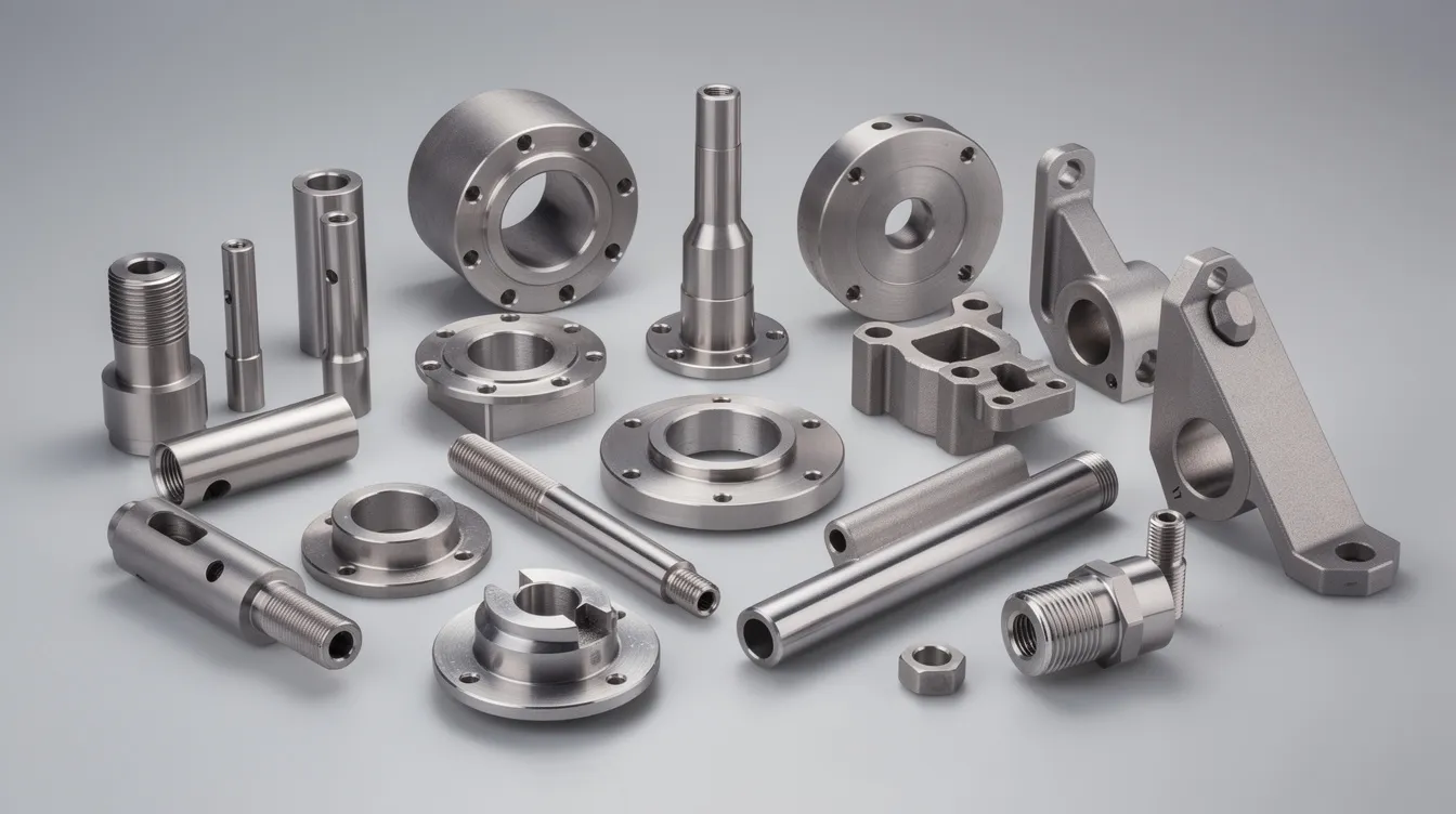 The image showcases an assortment of precision machined metal parts, including shafts, housings, and brackets, highlighting the diversity of components produced through CNC machining and other machining processes. These machined components are designed to meet extremely tight tolerances and are utilized across various industries, demonstrating the importance of precision in modern manufacturing.