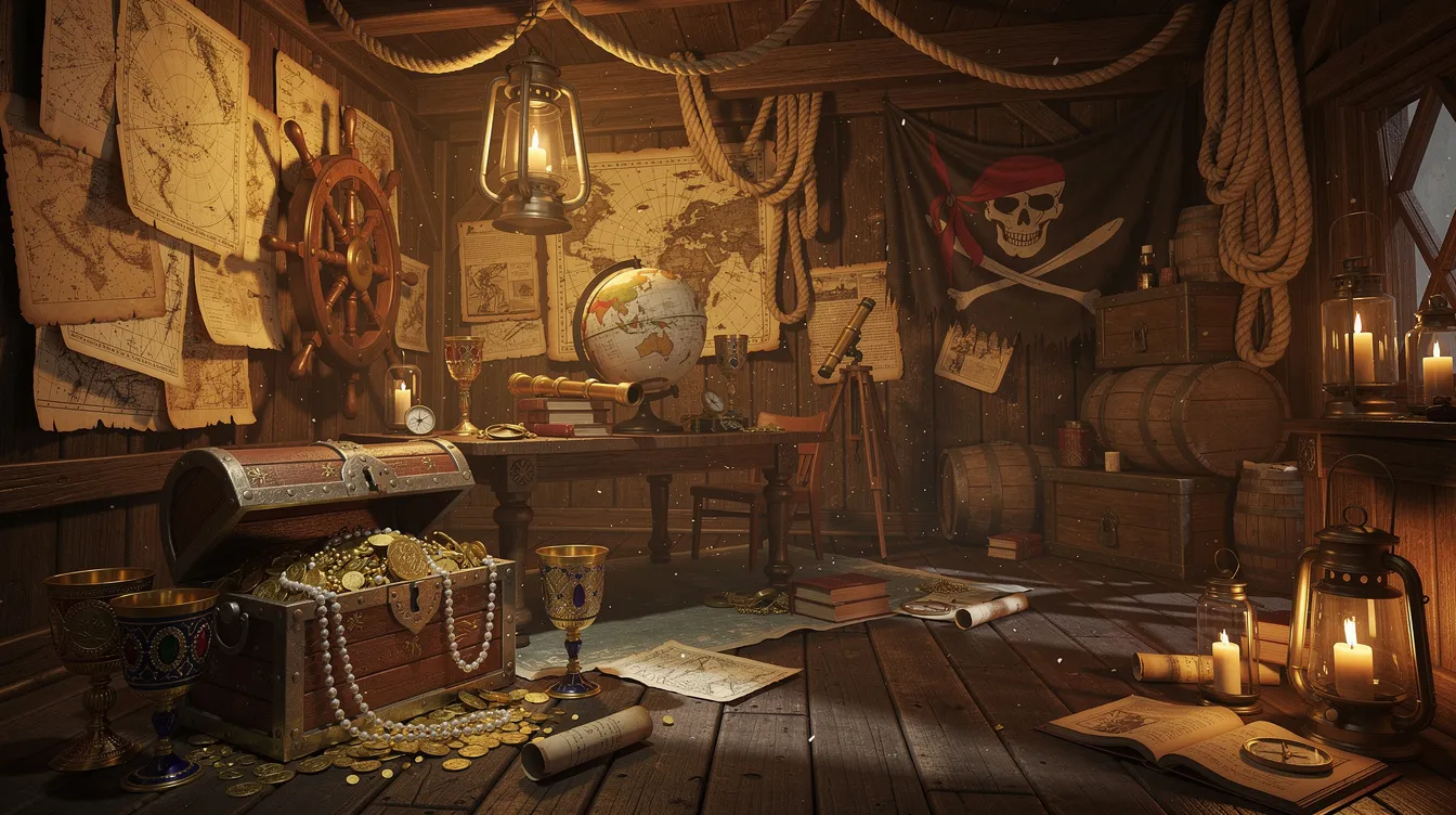 The image depicts a richly decorated pirate-themed escape room, featuring treasure chests, old maps adorning the walls, and various nautical props, creating an immersive environment perfect for team building events. This fun experience encourages groups to collaborate, solve puzzles, and uncover clues in a shared adventure.
