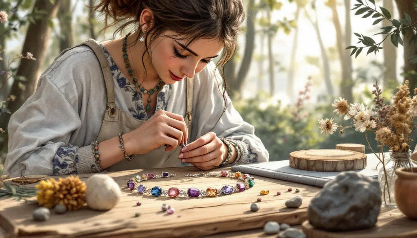 Artisan crafting a gemstone bracelet.