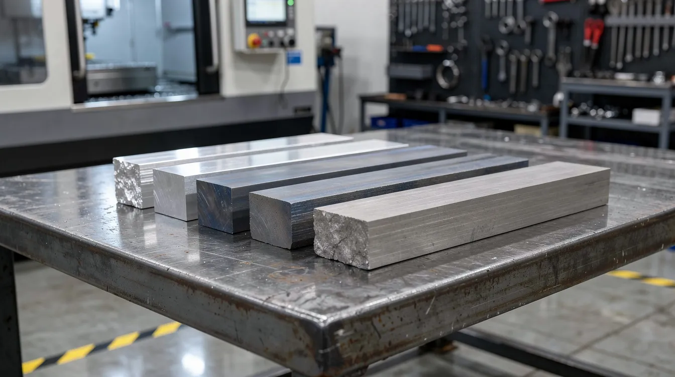 The image shows raw metal billets of aluminum, titanium, and nickel alloy meticulously arranged on a workbench within a precision machining facility, highlighting the materials used in aerospace manufacturing. This setup is essential for CNC machining services that produce complex aerospace components and structural integrity in critical engine parts.