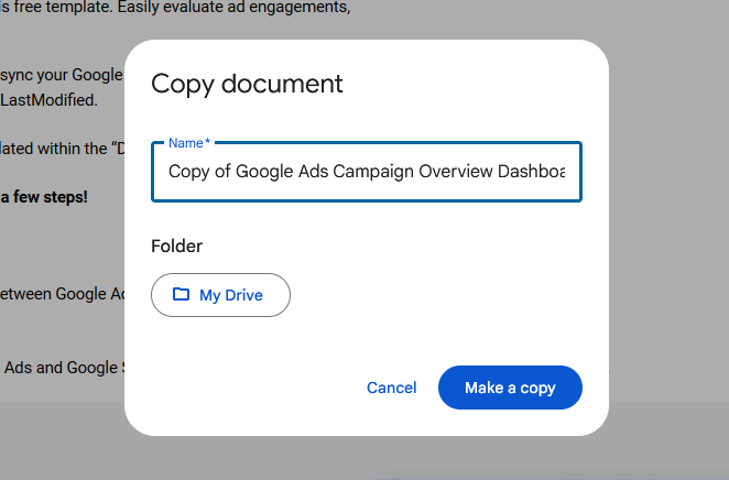 A screenshot of the Copy document in Google Sheets.