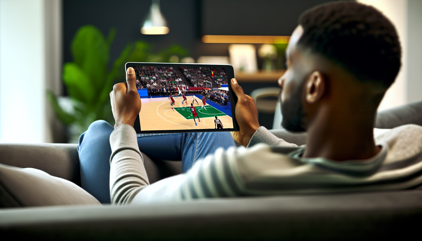 A person using the NBA app on a digital tablet to watch live games
